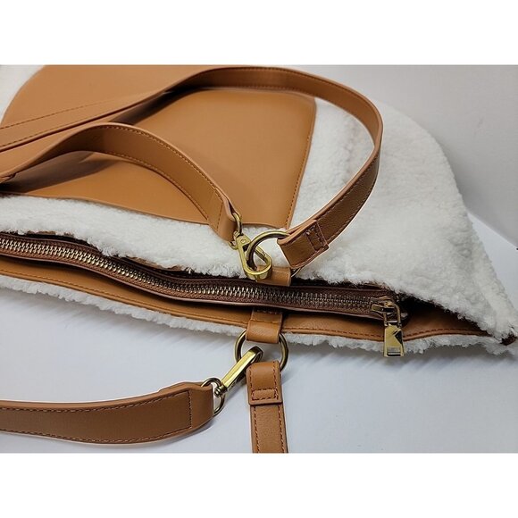ANTHROPOLOGIE Tote Zip Purse Cream Sherpa Bag Tan Adjustable Straps & Pocket NWT - Picture 5 of 15